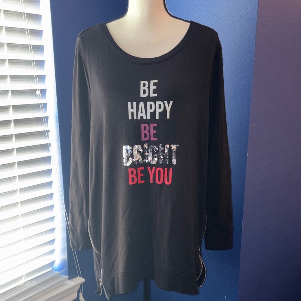 EUC Chico’s Black Long Sleeve Shirt – “Be Happy, Be Bright, Be You” – Size 3 wit